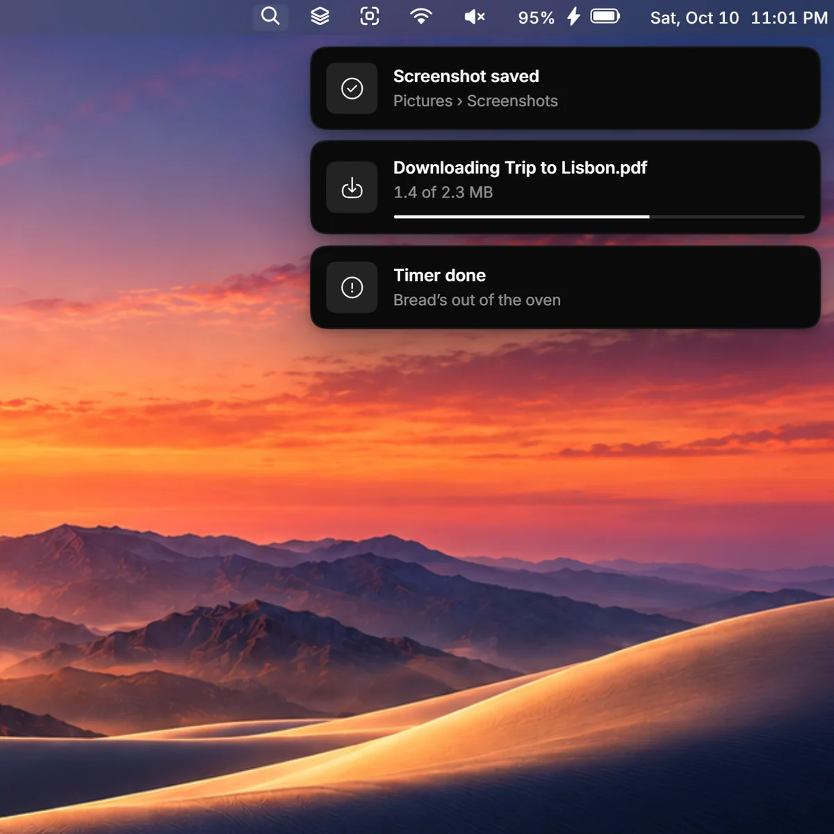 Three notifications under the menu bar.